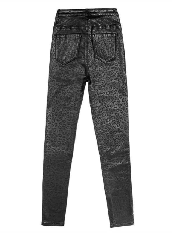 Black Leopard Print PU leather Pants