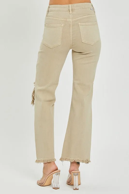 High Rise Ripped Knee Straight Pants