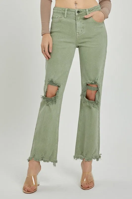 High Rise Ripped Knee Straight Pants