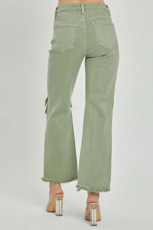 High Rise Ripped Knee Straight Pants
