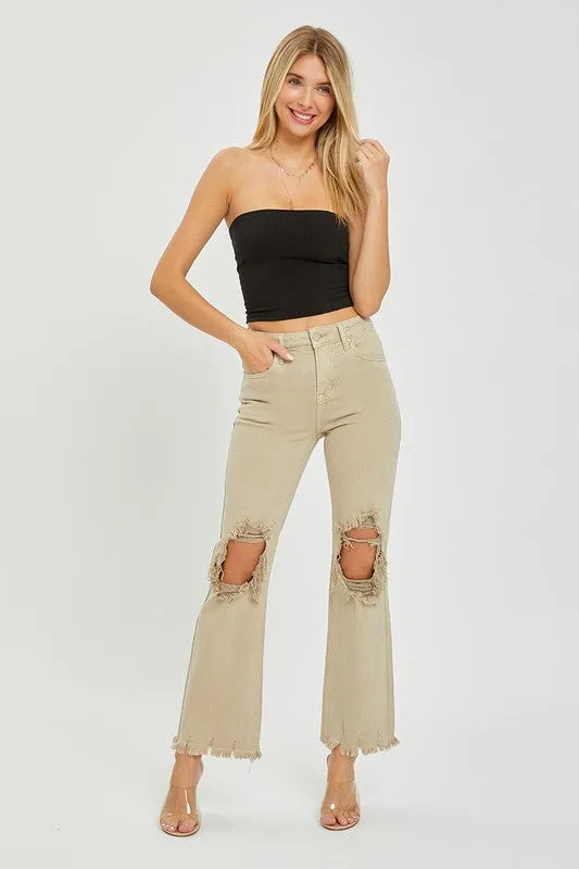 High Rise Ripped Knee Straight Pants