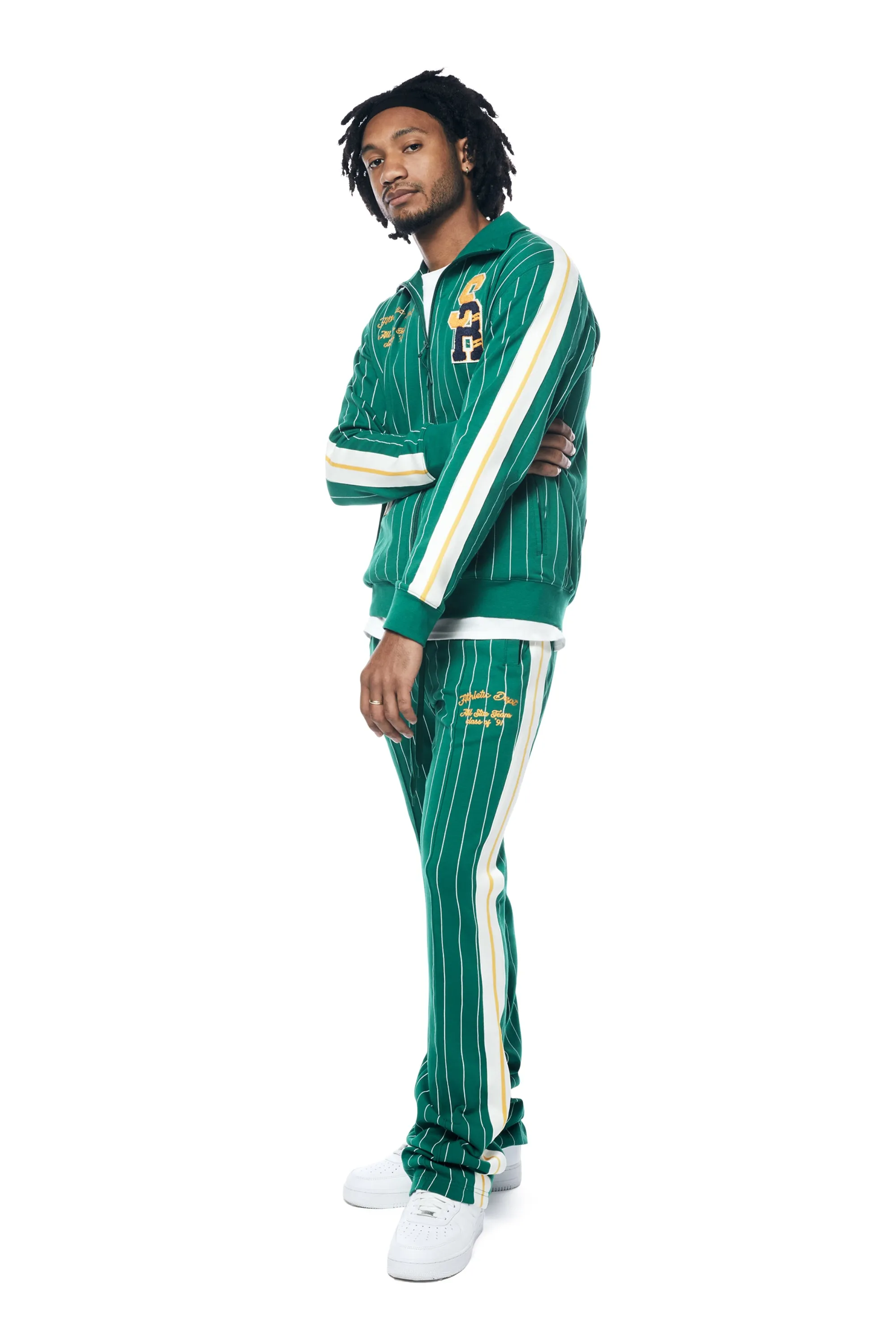 Pin Striped Varsity Track Pants - Alpine Green