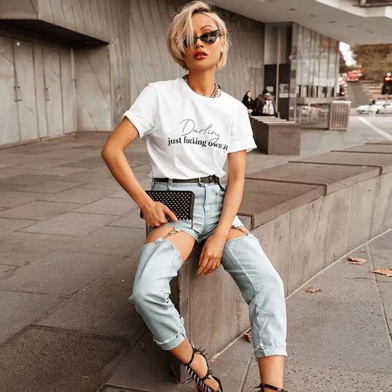 Summer High Waist Cutout Buckle Denim Pegged Pants