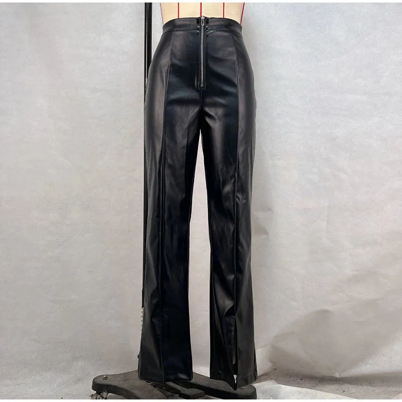 Vintage PU Leather High-Waist Pants – Loose Zipper Straight Trousers