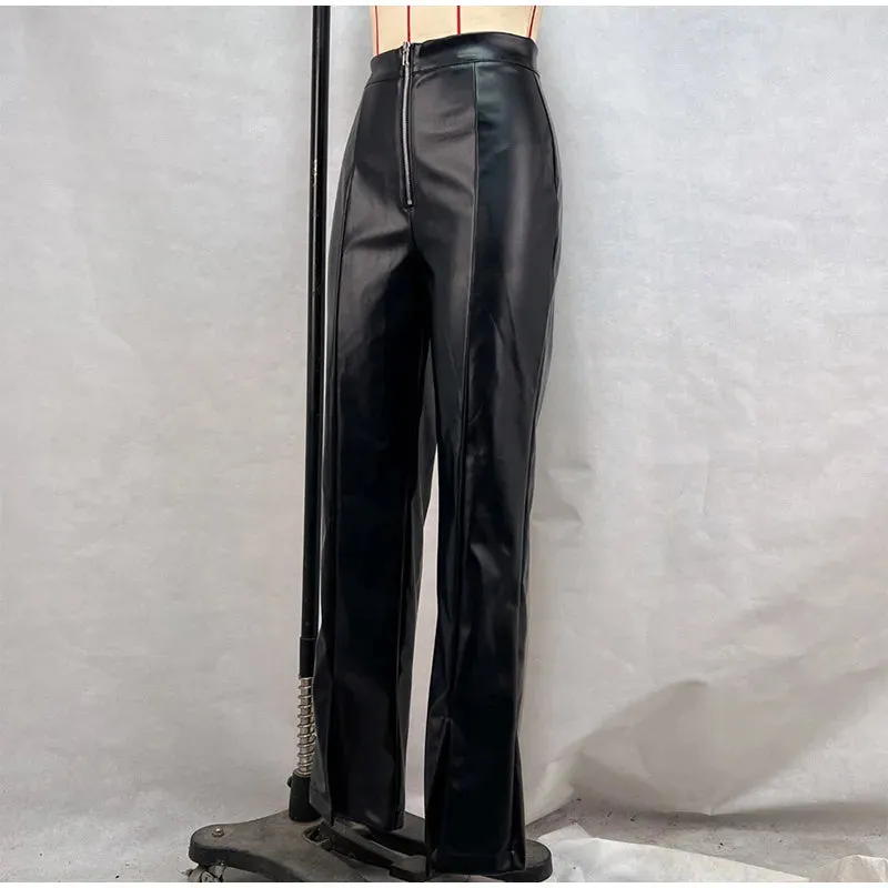 Vintage PU Leather High-Waist Pants – Loose Zipper Straight Trousers