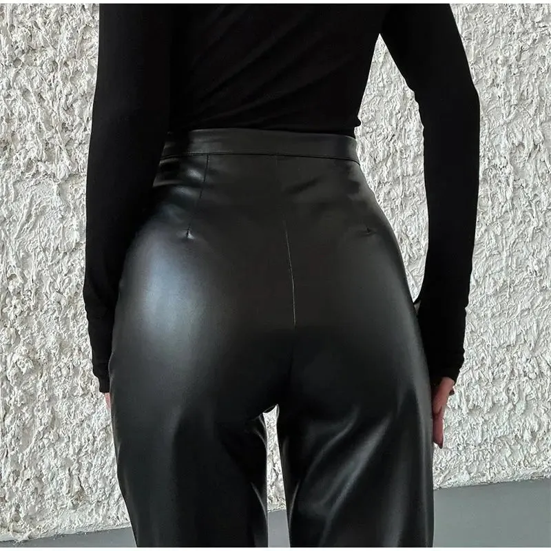 Vintage PU Leather High-Waist Pants – Loose Zipper Straight Trousers