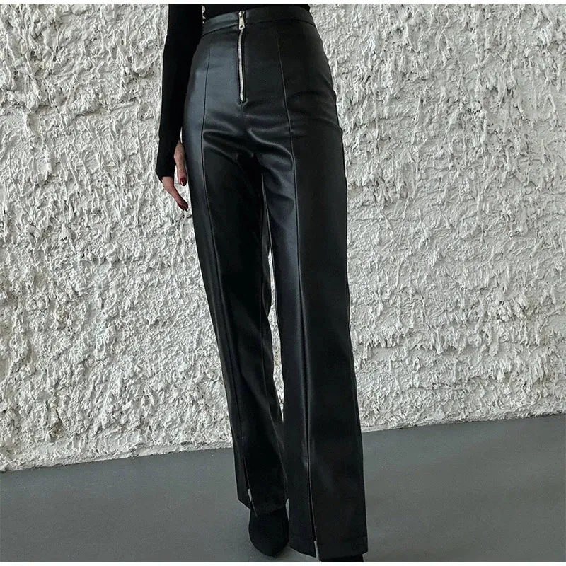 Vintage PU Leather High-Waist Pants – Loose Zipper Straight Trousers