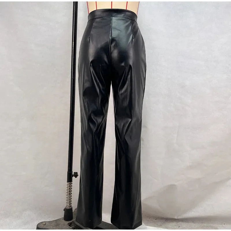Vintage PU Leather High-Waist Pants – Loose Zipper Straight Trousers