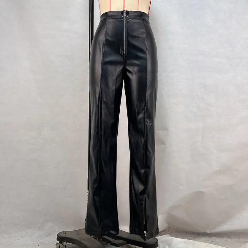 Vintage PU Leather High-Waist Pants – Loose Zipper Straight Trousers