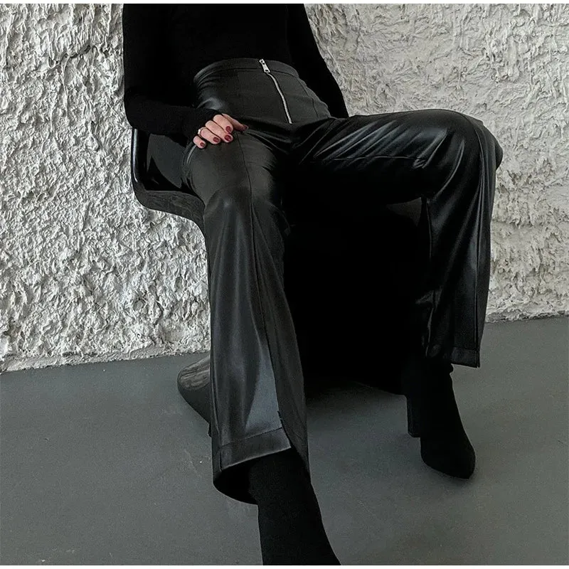 Vintage PU Leather High-Waist Pants – Loose Zipper Straight Trousers