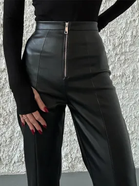 Vintage PU Leather High-Waist Pants – Loose Zipper Straight Trousers